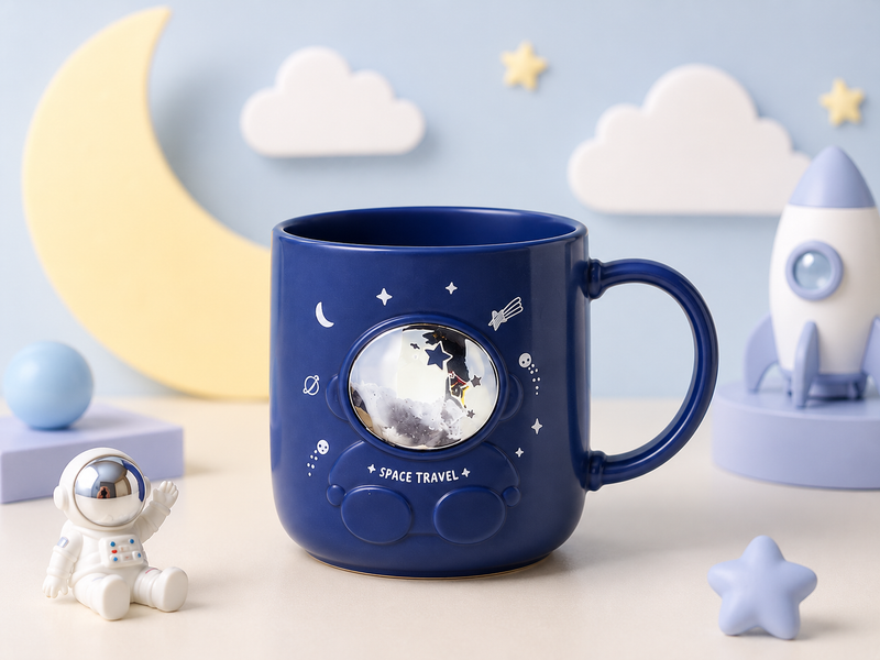 Cute Astronaut Space Theme Ceramic Mug for Kids | 3D Galaxy Coffee, Milk & Hot Chocolate Cup | Blue & White