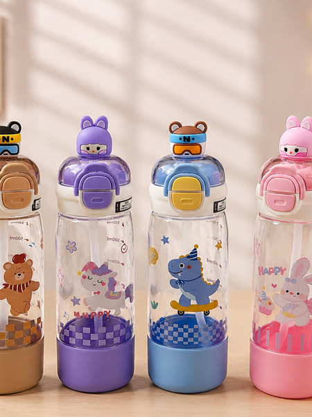 Cute Cartoon Kids Water Bottle with Straw | Leakproof BPA-Free School Sipper Bottle | 500ml Portable Water Bottle for Boys & Girls