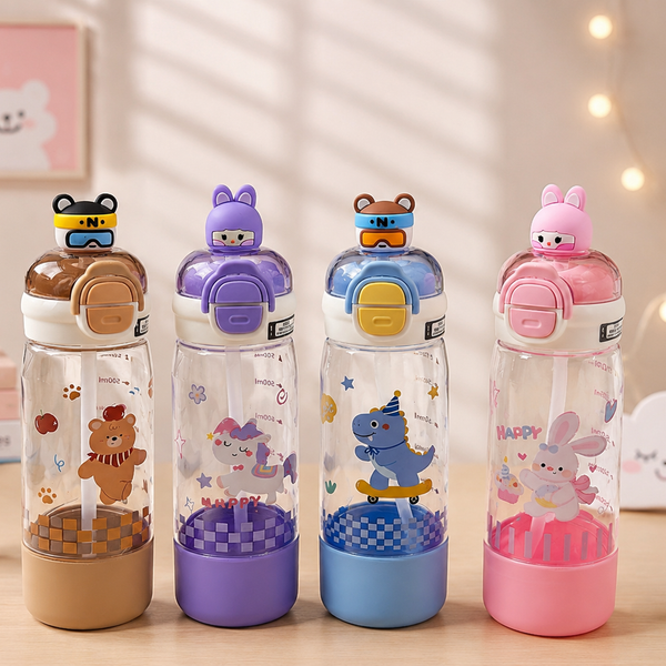 Cute Cartoon Kids Water Bottle with Straw | Leakproof BPA-Free School Sipper Bottle | 500ml Portable Water Bottle for Boys & Girls
