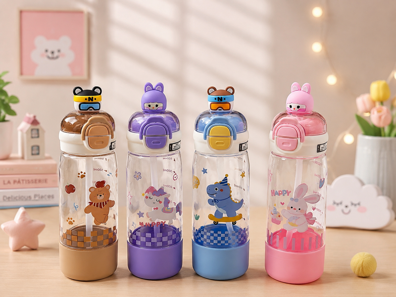 Cute Cartoon Kids Water Bottle with Straw | Leakproof BPA-Free School Sipper Bottle | 500ml Portable Water Bottle for Boys & Girls