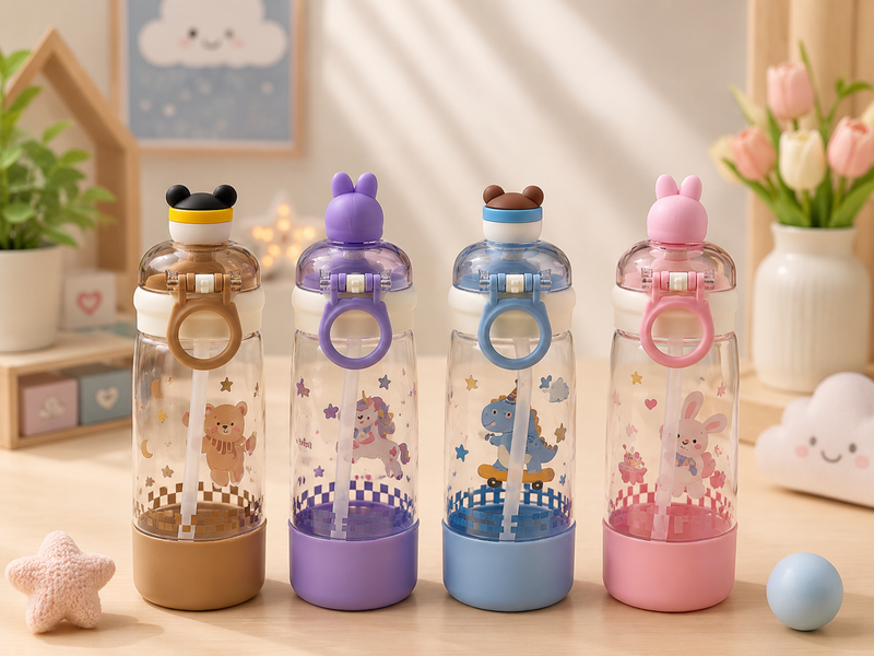 Cute Cartoon Kids Water Bottle with Straw | Leakproof BPA-Free School Sipper Bottle | 500ml Portable Water Bottle for Boys & Girls