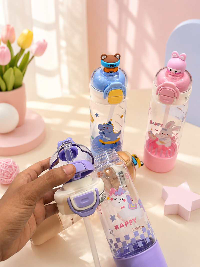 Cute Cartoon Kids Water Bottle with Straw | Leakproof BPA-Free School Sipper Bottle | 500ml Portable Water Bottle for Boys & Girls