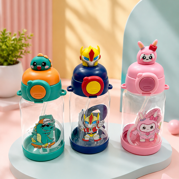 Cute Cartoon Kids Water Bottle with Straw | Leakproof BPA-Free Sipper Bottle | 350ml School Water Bottle for Boys & Girls