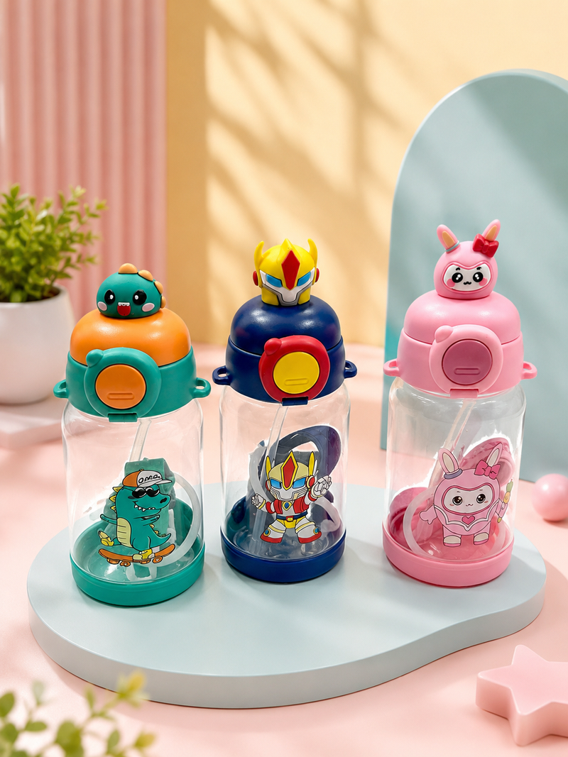Cute Cartoon Kids Water Bottle with Straw | Leakproof BPA-Free Sipper Bottle | 350ml School Water Bottle for Boys & Girls