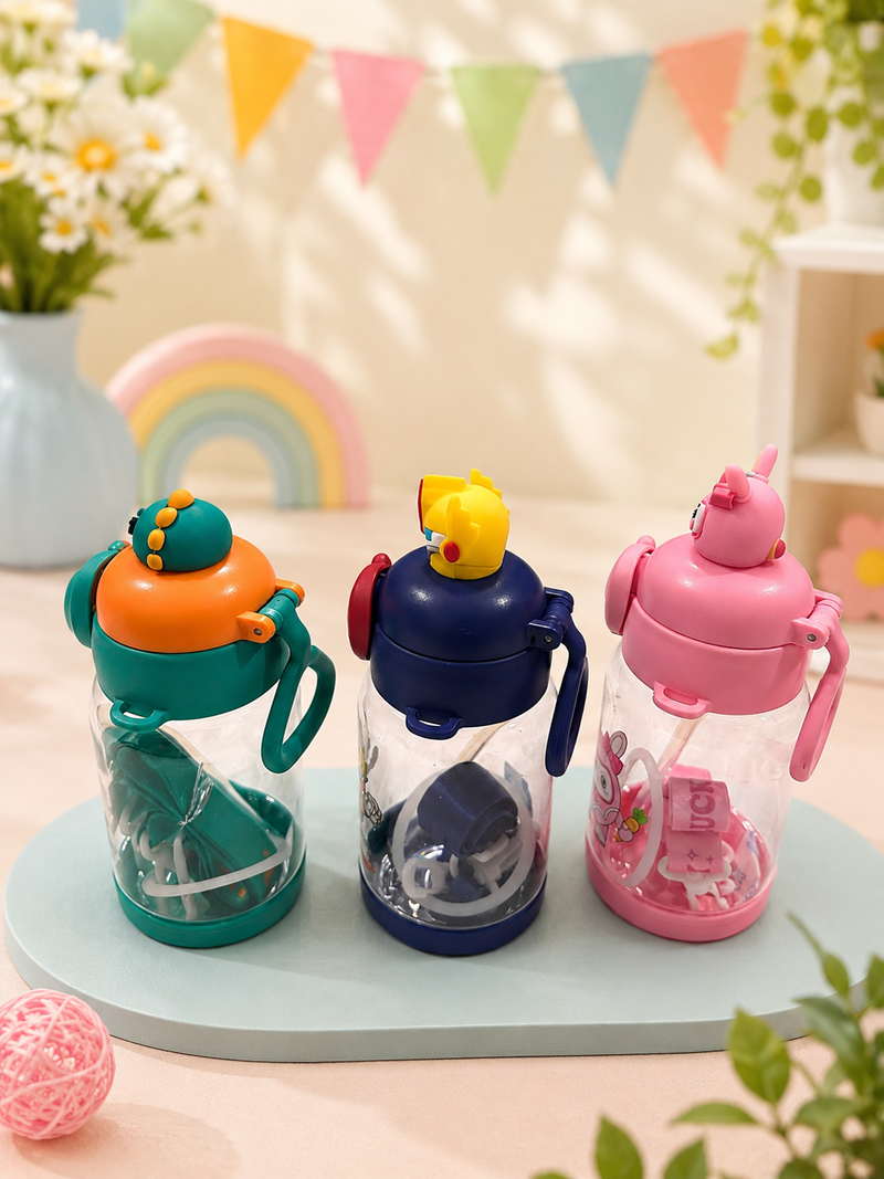 Cute Cartoon Kids Water Bottle with Straw | Leakproof BPA-Free Sipper Bottle | 350ml School Water Bottle for Boys & Girls