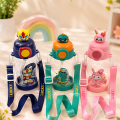 Cute Cartoon Kids Water Bottle with Straw | Leakproof BPA-Free Sipper Bottle | 350ml School Water Bottle for Boys & Girls