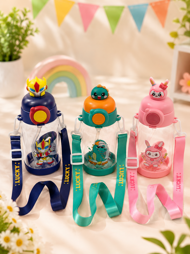 Cute Cartoon Kids Water Bottle with Straw | Leakproof BPA-Free Sipper Bottle | 350ml School Water Bottle for Boys & Girls