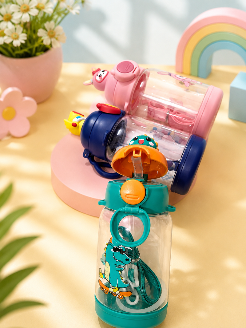 Cute Cartoon Kids Water Bottle with Straw | Leakproof BPA-Free Sipper Bottle | 350ml School Water Bottle for Boys & Girls