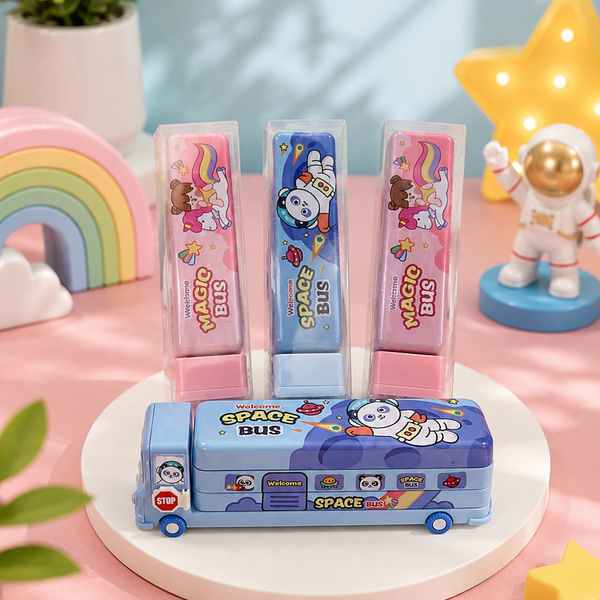 Cute Cartoon Bus Shape Compass Box for Kids | Space Bus & Magic Bus Pencil Box | Large Capacity School Stationery Box | Birthday Return Gift