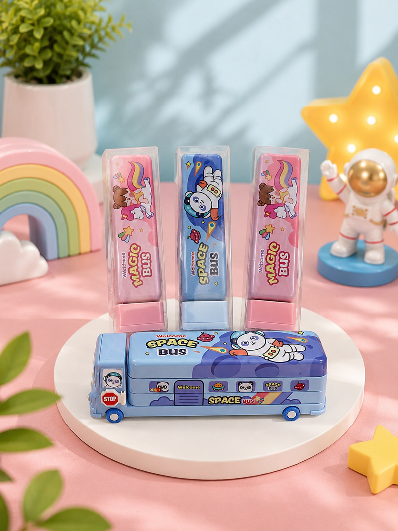 Cute Cartoon Bus Shape Compass Box for Kids | Space Bus & Magic Bus Pencil Box | Large Capacity School Stationery Box | Birthday Return Gift