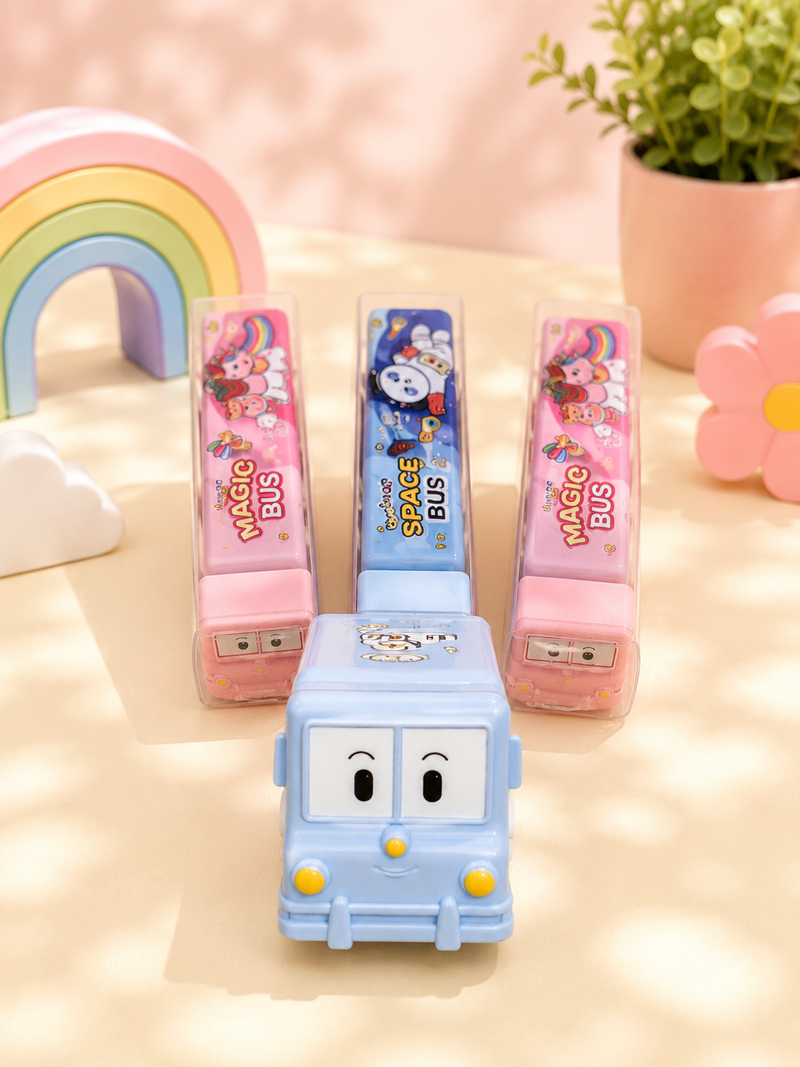 Cute Cartoon Bus Shape Compass Box for Kids | Space Bus & Magic Bus Pencil Box | Large Capacity School Stationery Box | Birthday Return Gift