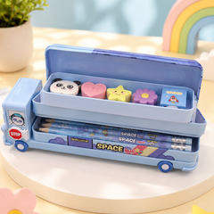 Cute Cartoon Bus Shape Compass Box for Kids | Space Bus & Magic Bus Pencil Box | Large Capacity School Stationery Box | Birthday Return Gift