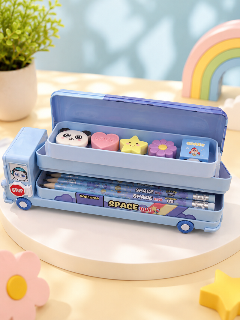 Cute Cartoon Bus Shape Compass Box for Kids | Space Bus & Magic Bus Pencil Box | Large Capacity School Stationery Box | Birthday Return Gift