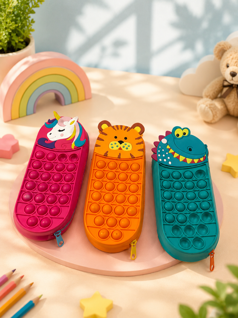 Cute Pop It Silicone Animal Pencil Pouch for Kids | Large Capacity Zipper Pencil Case | Cartoon School Stationery Organizer
