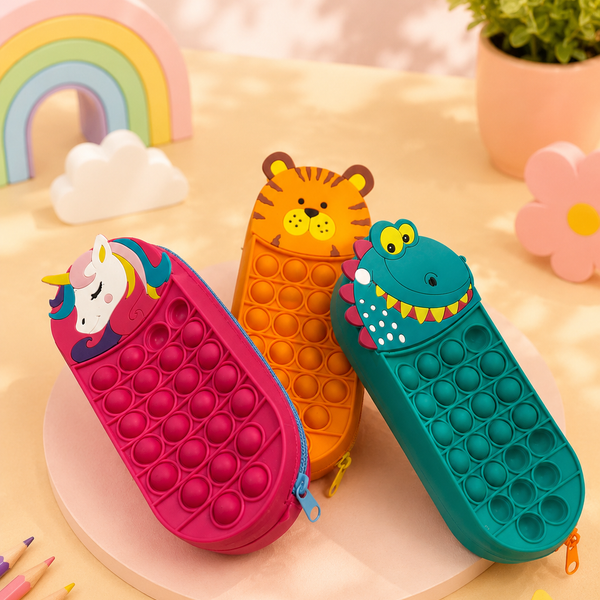 Cute Pop It Silicone Animal Pencil Pouch for Kids | Large Capacity Zipper Pencil Case | Cartoon School Stationery Organizer