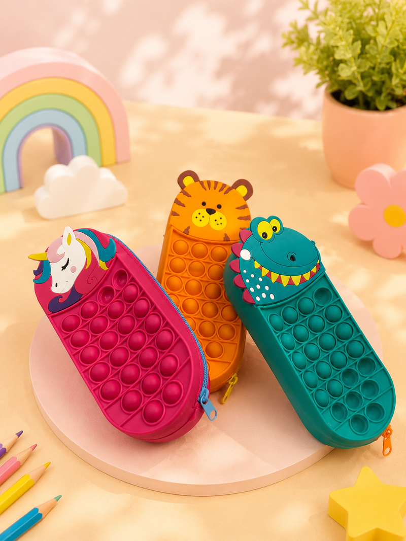 Cute Pop It Silicone Animal Pencil Pouch for Kids | Large Capacity Zipper Pencil Case | Cartoon School Stationery Organizer