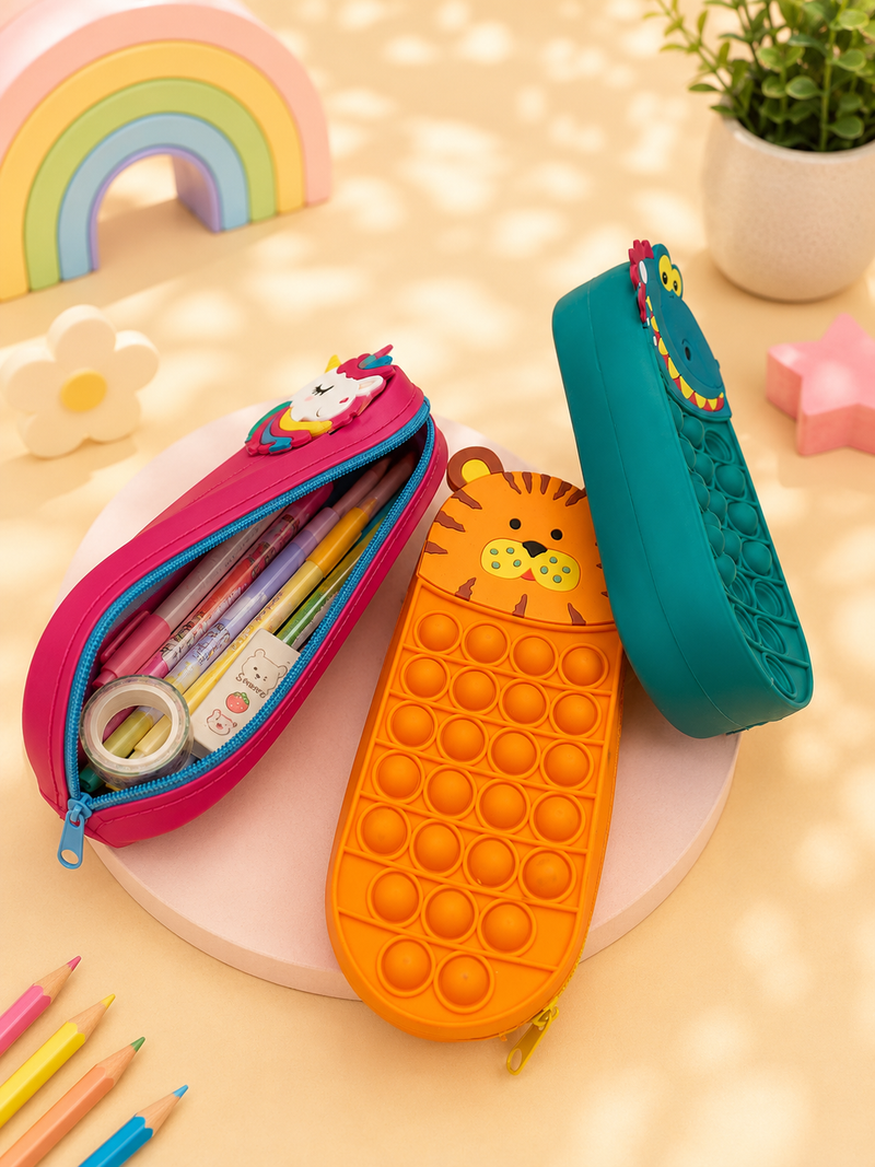 Cute Pop It Silicone Animal Pencil Pouch for Kids | Large Capacity Zipper Pencil Case | Cartoon School Stationery Organizer