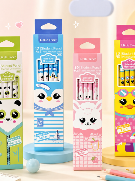 Little Tree Cute Cartoon HB Wooden Pencils Set (12 PCS) | Premium Student Writing Pencil for School Kids