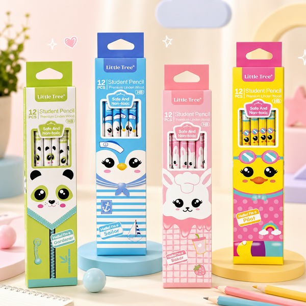 Little Tree Cute Cartoon HB Wooden Pencils Set (12 PCS) | Premium Student Writing Pencil for School Kids