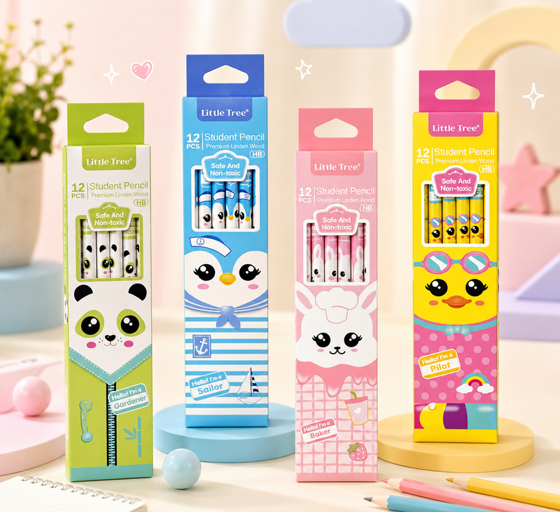 Little Tree Cute Cartoon HB Wooden Pencils Set (12 PCS) | Premium Student Writing Pencil for School Kids