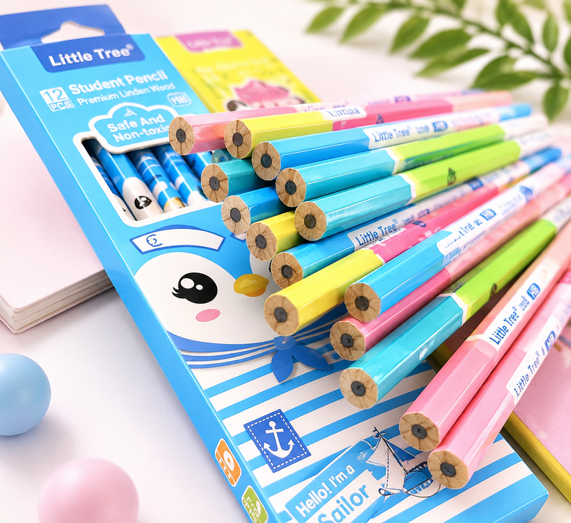 Little Tree Cute Cartoon HB Wooden Pencils Set (12 PCS) | Premium Student Writing Pencil for School Kids