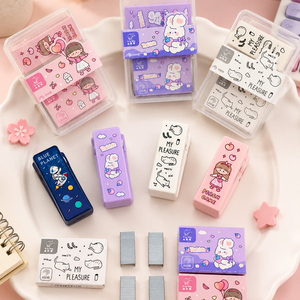 Cute Mini Cartoon Stapler with 400 Staples | Kawaii Portable Stapler for Kids, School & Office