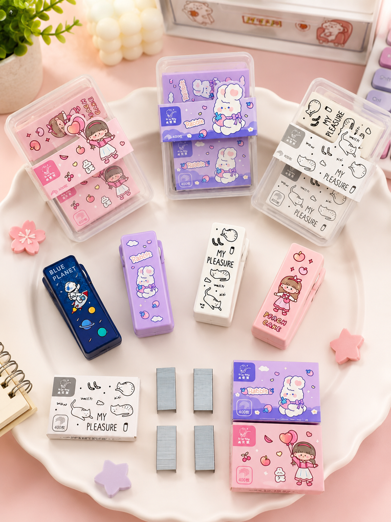 Cute Mini Cartoon Stapler with 400 Staples | Kawaii Portable Stapler for Kids, School & Office