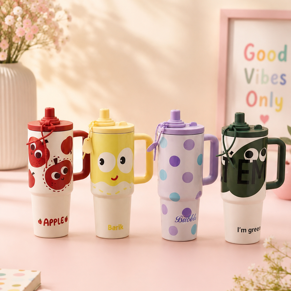 Cute Cartoon Printed Insulated Travel Tumbler with Handle & Straw