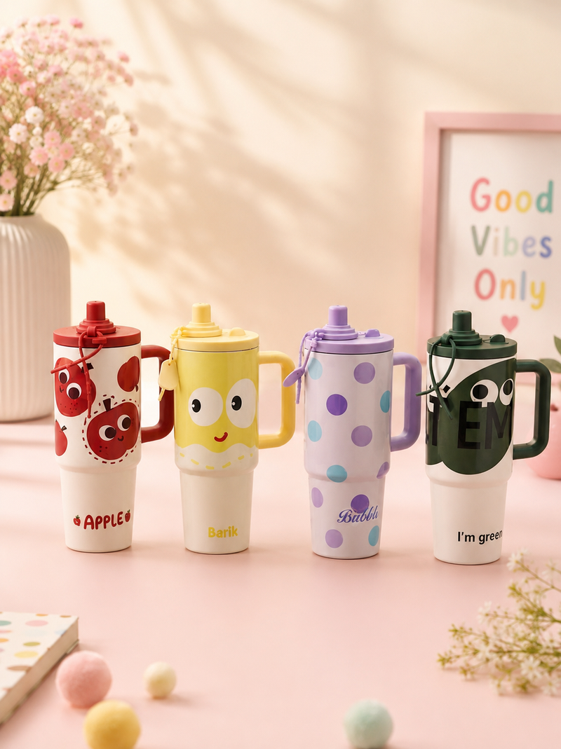 Cute Cartoon Printed Insulated Travel Tumbler with Handle & Straw
