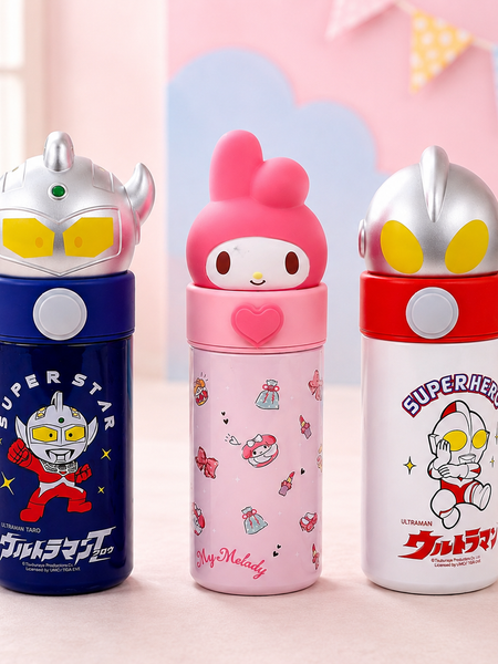 Kids Stainless Steel Cartoon Water Bottle with 3D Character Lid | Leakproof Insulated School Bottle | Ultraman & My Melody Bottle