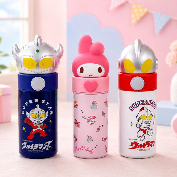 Kids Stainless Steel Cartoon Water Bottle with 3D Character Lid | Leakproof Insulated School Bottle | Ultraman & My Melody Bottle
