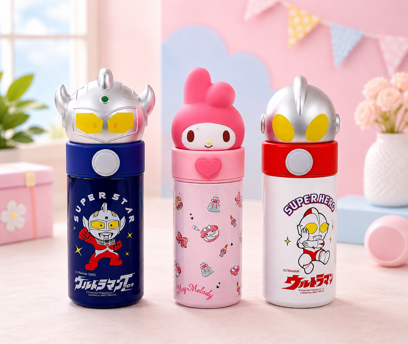 Kids Stainless Steel Cartoon Water Bottle with 3D Character Lid | Leakproof Insulated School Bottle | Ultraman & My Melody Bottle