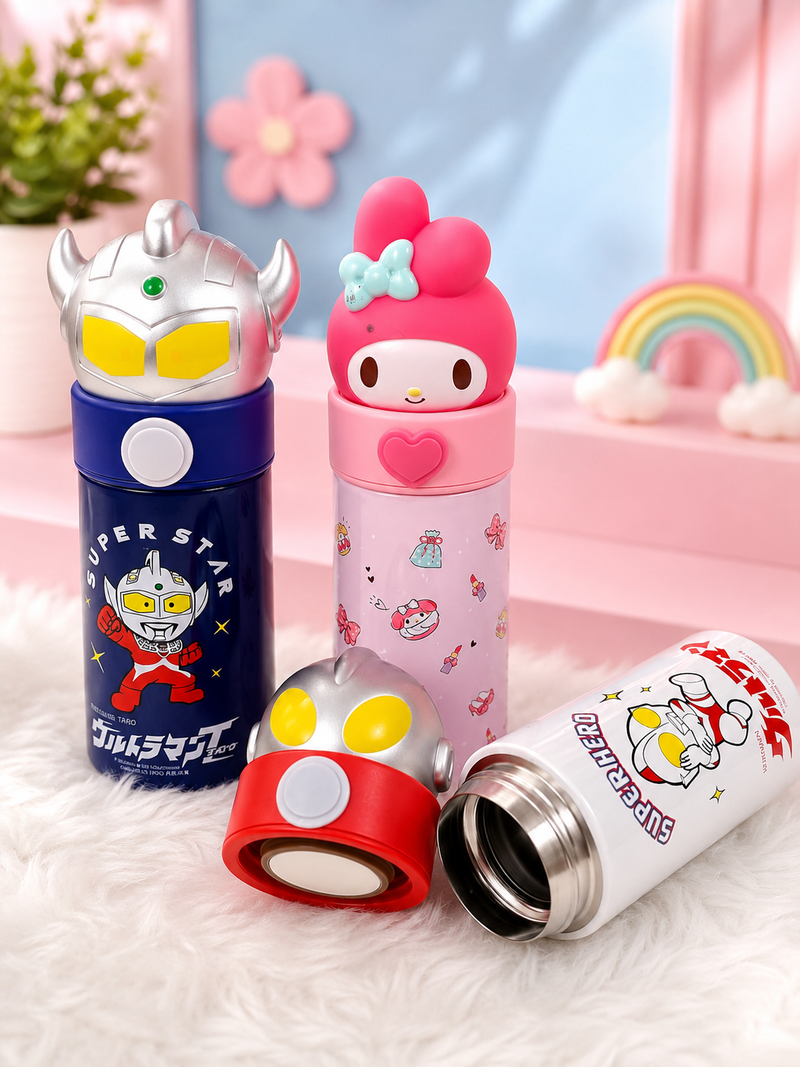 Kids Stainless Steel Cartoon Water Bottle with 3D Character Lid | Leakproof Insulated School Bottle | Ultraman & My Melody Bottle