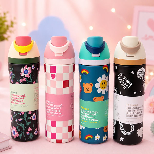 Kids Stainless Steel Vacuum Insulated Water Bottle with Straw & Carry Handle | Leakproof School Sipper Bottle | Cute Printed Water Flask