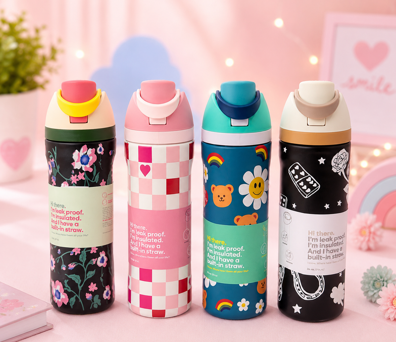 Kids Stainless Steel Vacuum Insulated Water Bottle with Straw & Carry Handle | Leakproof School Sipper Bottle | Cute Printed Water Flask