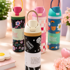 Kids Stainless Steel Vacuum Insulated Water Bottle with Straw & Carry Handle | Leakproof School Sipper Bottle | Cute Printed Water Flask