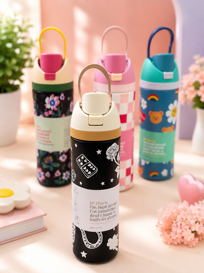 Kids Stainless Steel Vacuum Insulated Water Bottle with Straw & Carry Handle | Leakproof School Sipper Bottle | Cute Printed Water Flask