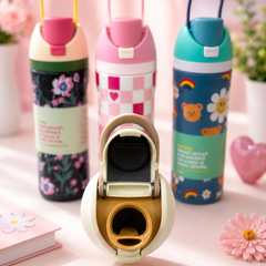 Kids Stainless Steel Vacuum Insulated Water Bottle with Straw & Carry Handle | Leakproof School Sipper Bottle | Cute Printed Water Flask