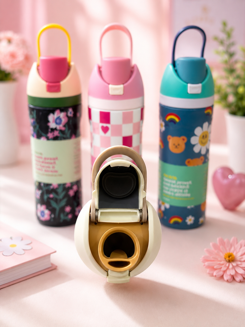 Kids Stainless Steel Vacuum Insulated Water Bottle with Straw & Carry Handle | Leakproof School Sipper Bottle | Cute Printed Water Flask