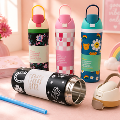 Kids Stainless Steel Vacuum Insulated Water Bottle with Straw & Carry Handle | Leakproof School Sipper Bottle | Cute Printed Water Flask