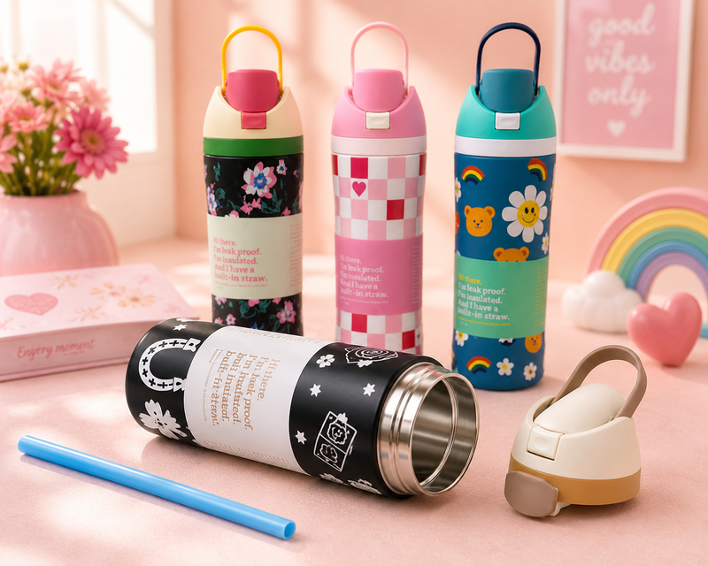 Kids Stainless Steel Vacuum Insulated Water Bottle with Straw & Carry Handle | Leakproof School Sipper Bottle | Cute Printed Water Flask