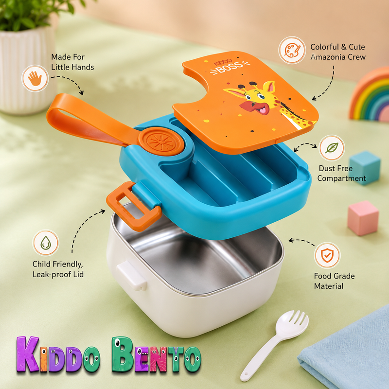 Kids Stainless Steel Bento Lunch Box with Carry Handle | Leakproof School Tiffin Box | Cartoon Animal Design