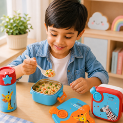 Kids Stainless Steel Bento Lunch Box with Carry Handle | Leakproof School Tiffin Box | Cartoon Animal Design