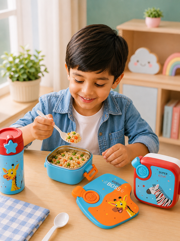 Kids Stainless Steel Bento Lunch Box with Carry Handle | Leakproof School Tiffin Box | Cartoon Animal Design