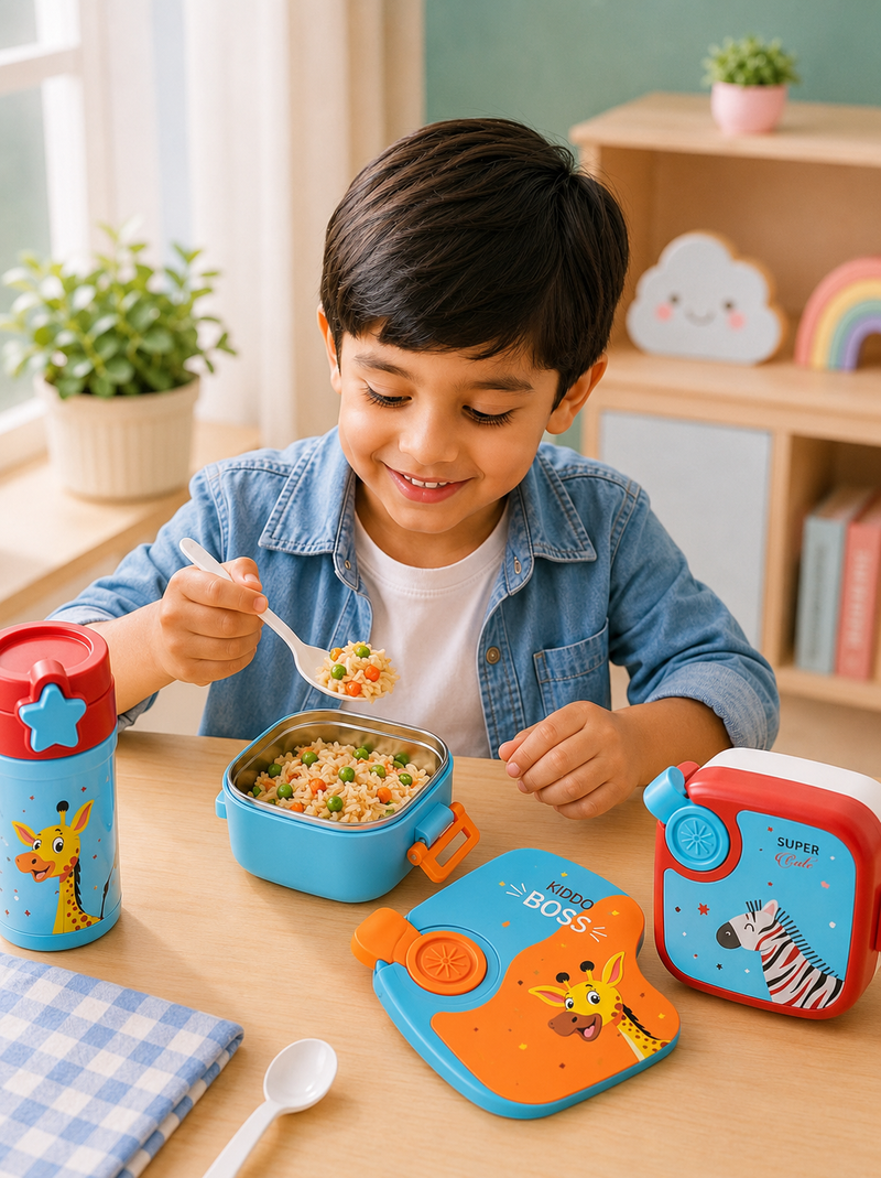 Kids Stainless Steel Bento Lunch Box with Carry Handle | Leakproof School Tiffin Box | Cartoon Animal Design