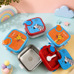 Kids Stainless Steel Bento Lunch Box with Carry Handle | Leakproof School Tiffin Box | Cartoon Animal Design