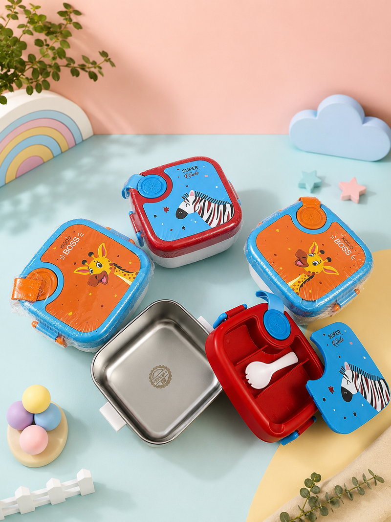 Kids Stainless Steel Bento Lunch Box with Carry Handle | Leakproof School Tiffin Box | Cartoon Animal Design