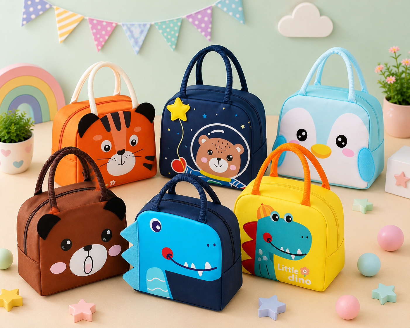 Kids Cartoon Insulated Lunch Bag | Cute Animal Lunch Tote for School, Picnic & Travel | Reusable Lunch Box Carry Bag