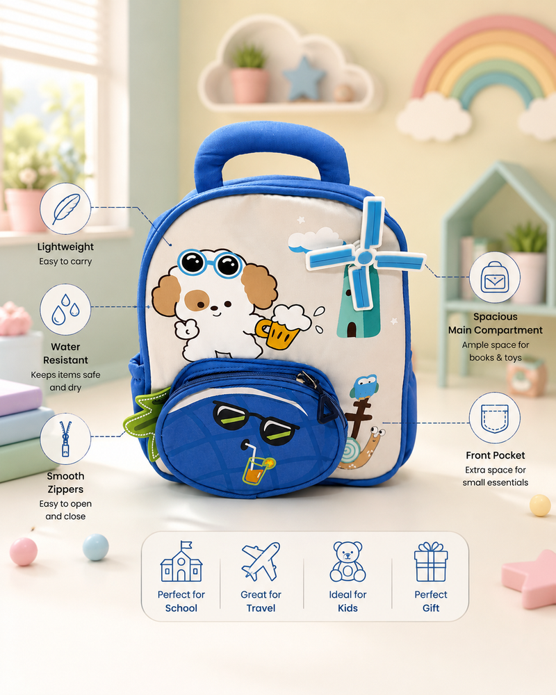 Cute Cartoon Kids Preschool Backpack | Lightweight Nursery & Kindergarten School Bag | Blue Dog Theme Backpack for Boys & Girls