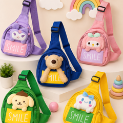 Cute Kids Cartoon Plush Chest Sling Bag | Adjustable Crossbody Shoulder Bag | Lightweight Mini Travel Bag for Boys & Girls